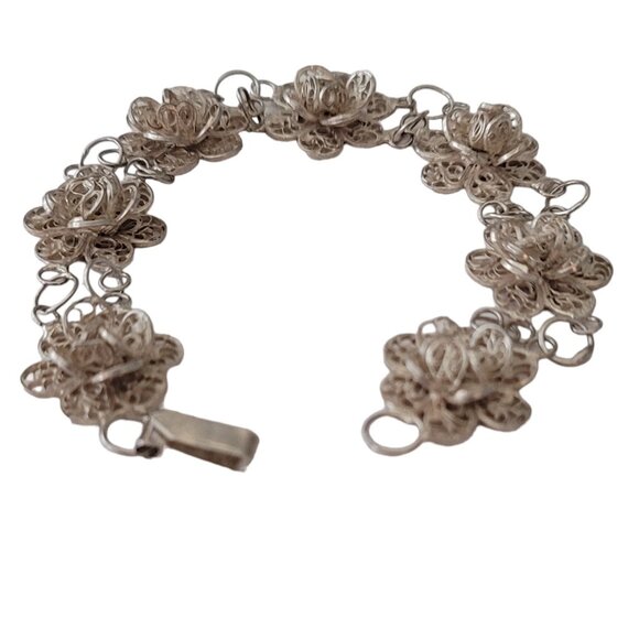 800 Spun Silver Flower Link Chain Bracelet, 8" Long E686 - Picture 2 of 8